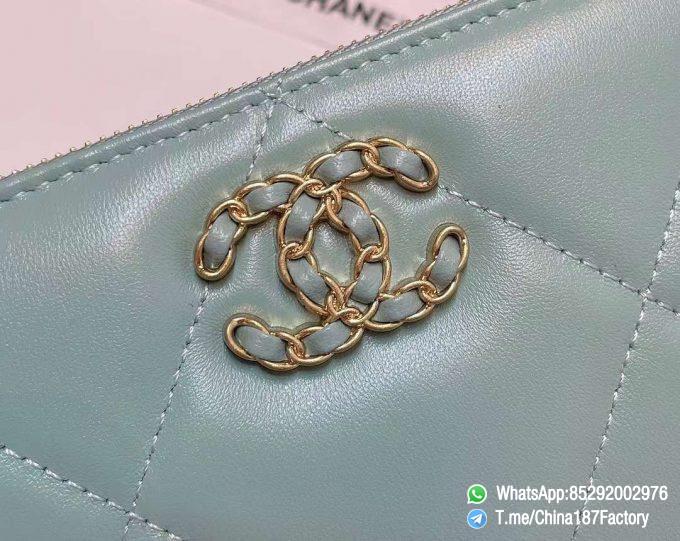 187 Factory Bags Chanel 19 Zipped Long Wallet Aqua Green Shiny Lambskin Gold Tone Metal 09