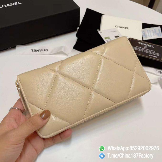 187 Factory Bags Chanel 19 Zipped Long Wallet Beige Shiny Lambskin Gold Tone Metal 03