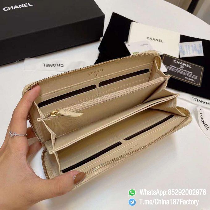 187 Factory Bags Chanel 19 Zipped Long Wallet Beige Shiny Lambskin Gold Tone Metal 06