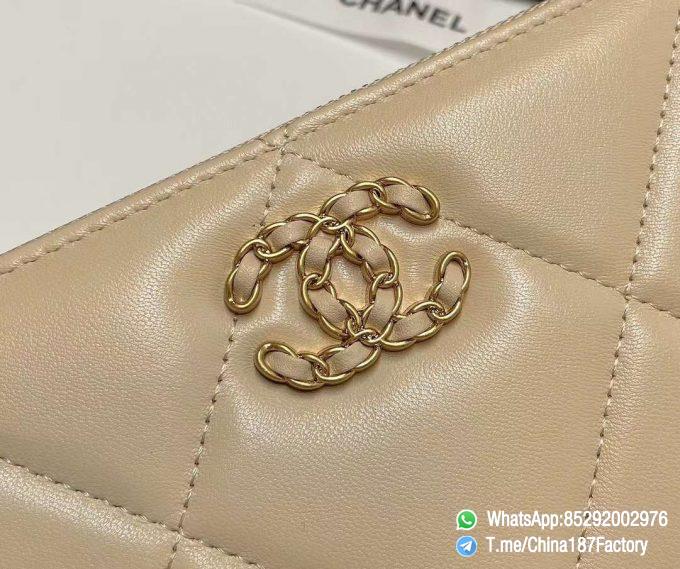 187 Factory Bags Chanel 19 Zipped Long Wallet Beige Shiny Lambskin Gold Tone Metal 09