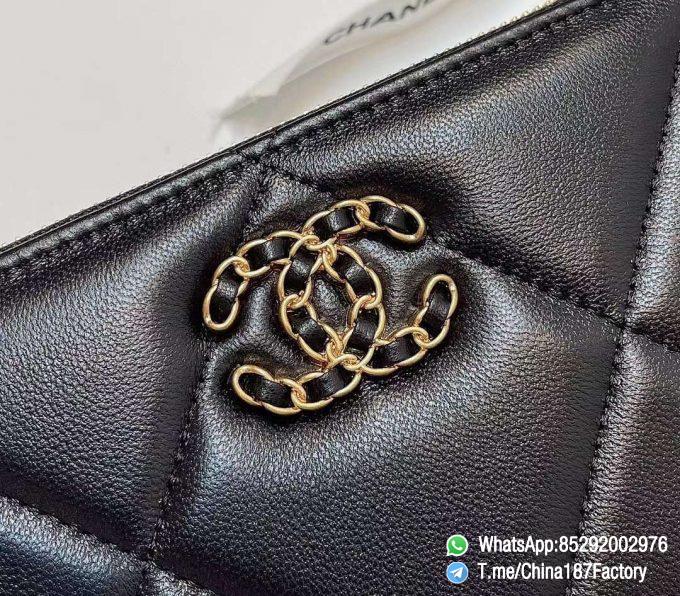 187 Factory Bags Chanel 19 Zipped Long Wallet Black Shiny Lambskin Gold Tone Metal 06