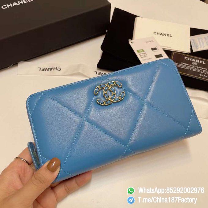 187 Factory Bags Chanel 19 Zipped Long Wallet Blue Shiny Lambskin Gold Tone Metal 01