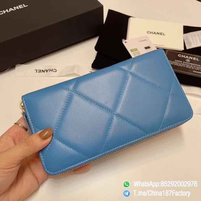 187 Factory Bags Chanel 19 Zipped Long Wallet Blue Shiny Lambskin Gold Tone Metal 03