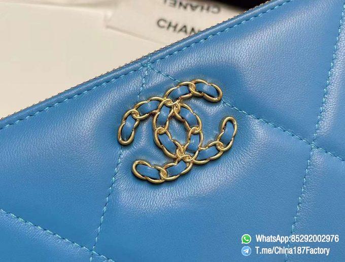 187 Factory Bags Chanel 19 Zipped Long Wallet Blue Shiny Lambskin Gold Tone Metal 09