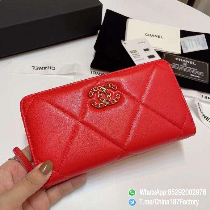 187 Factory Bags Chanel 19 Zipped Long Wallet Bright Red Shiny Lambskin Gold Tone Metal 01