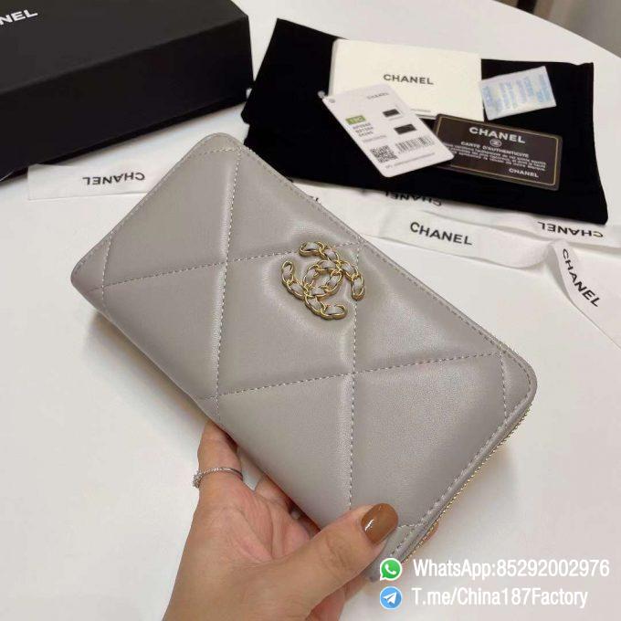 187 Factory Bags Chanel 19 Zipped Long Wallet Pearl Grey Shiny Lambskin Gold Tone Metal 03