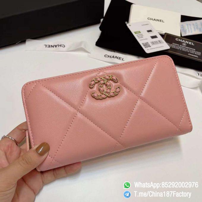 187 Factory Bags Chanel 19 Zipped Long Wallet Pink Shiny Lambskin Gold Tone Metal 01