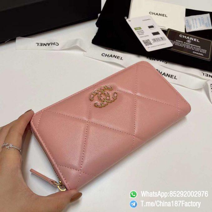 187 Factory Bags Chanel 19 Zipped Long Wallet Pink Shiny Lambskin Gold Tone Metal 04