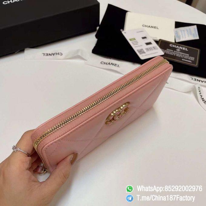 187 Factory Bags Chanel 19 Zipped Long Wallet Pink Shiny Lambskin Gold Tone Metal 05