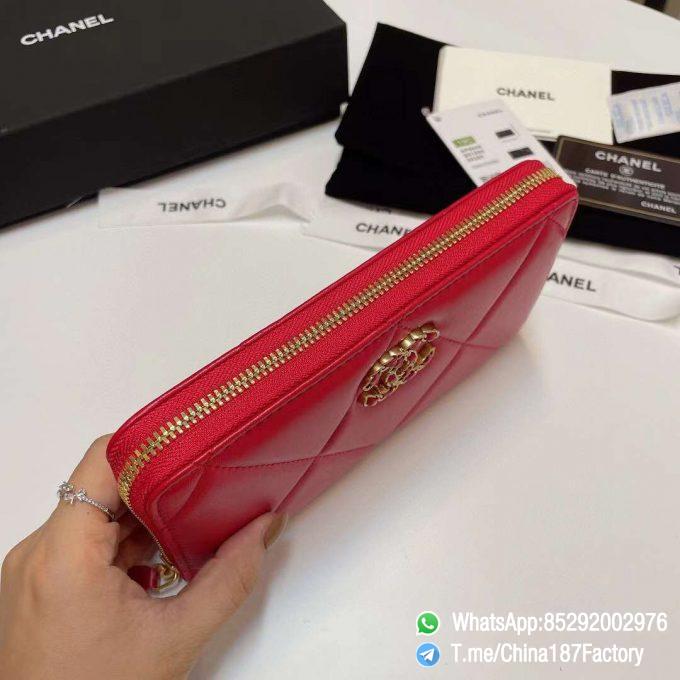 187 Factory Bags Chanel 19 Zipped Long Wallet Red Shiny Lambskin Gold Tone Metal 05