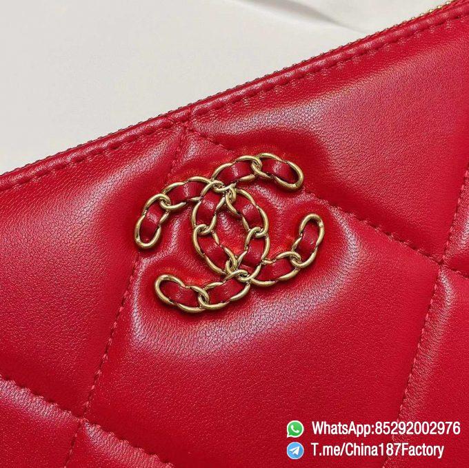 187 Factory Bags Chanel 19 Zipped Long Wallet Red Shiny Lambskin Gold Tone Metal 07