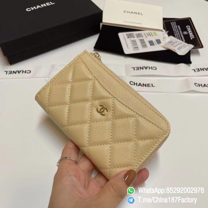 187 Factory Bags Chanel Classic Zipped Coin Purse with Card Slots Beige Grained Shiny Lambskin Gold Tone Metal 02