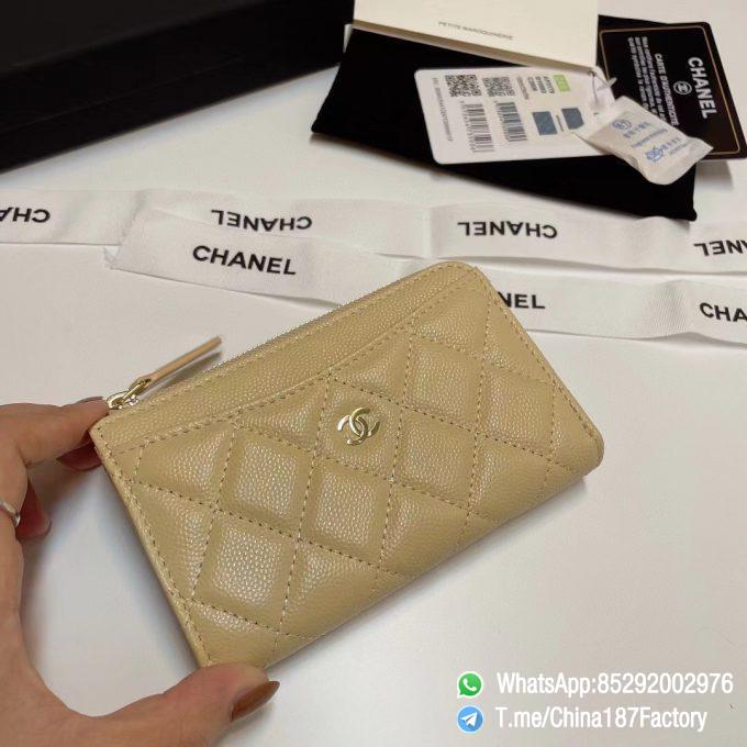 187 Factory Bags Chanel Classic Zipped Coin Purse with Card Slots Beige Grained Shiny Lambskin Gold Tone Metal 03