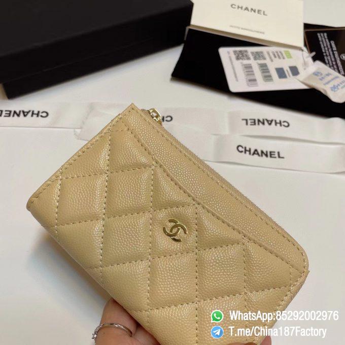 187 Factory Bags Chanel Classic Zipped Coin Purse with Card Slots Beige Grained Shiny Lambskin Gold Tone Metal 05