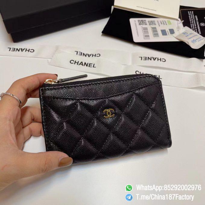 187 Factory Bags Chanel Classic Zipped Coin Purse with Card Slots Black Grained Shiny Lambskin Gold Tone Metal 01