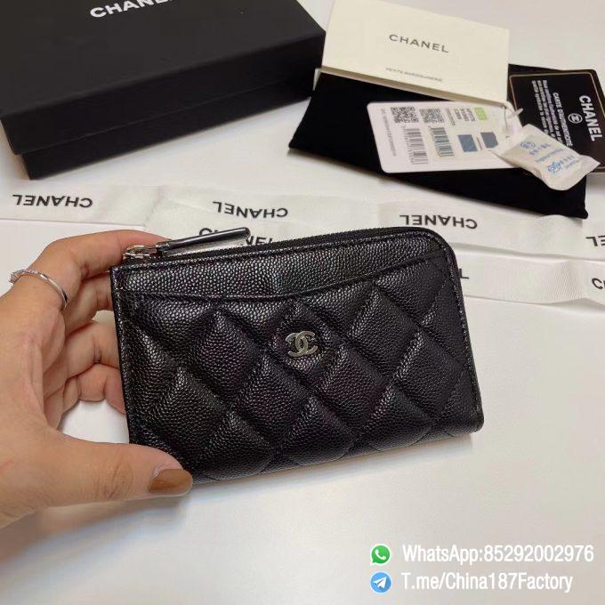 187 Factory Bags Chanel Classic Zipped Coin Purse with Card Slots Black Grained Shiny Lambskin Silver Tone Metal 01