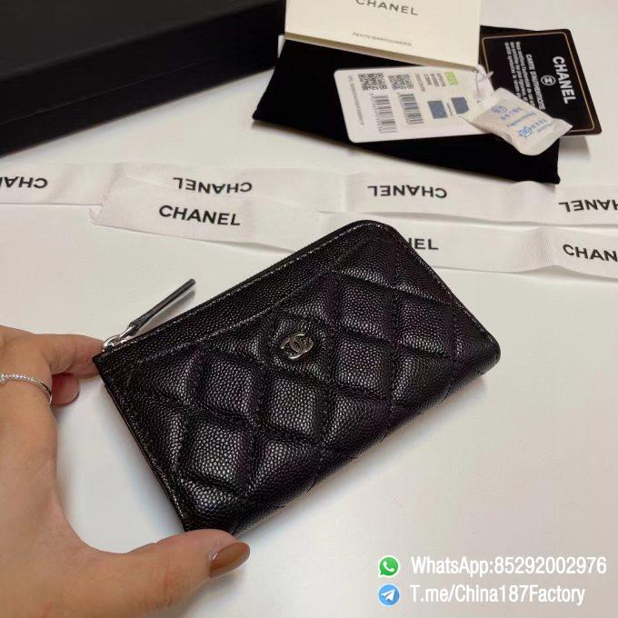 187 Factory Bags Chanel Classic Zipped Coin Purse with Card Slots Black Grained Shiny Lambskin Silver Tone Metal 02