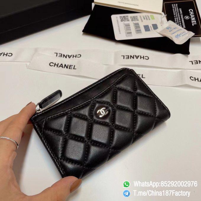 187 Factory Bags Chanel Classic Zipped Coin Purse with Card Slots Black Shiny Lambskin Silver Tone Metal 03