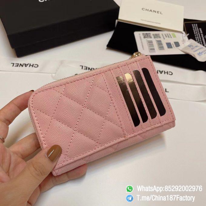 187 Factory Bags Chanel Classic Zipped Coin Purse with Card Slots Pink Grained Shiny Lambskin Gold Tone Metal 04