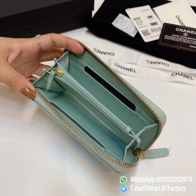 187 Factory Middle Chanel 19 Zipped Wallet Aqua Green Shiny Lambskin Gold Tone Metal 07