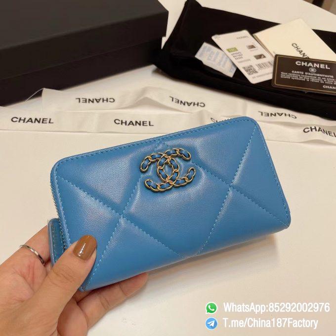 187 Factory Middle Chanel 19 Zipped Wallet Blue Shiny Lambskin Gold Tone Metal 01