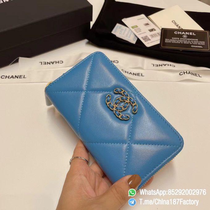 187 Factory Middle Chanel 19 Zipped Wallet Blue Shiny Lambskin Gold Tone Metal 02