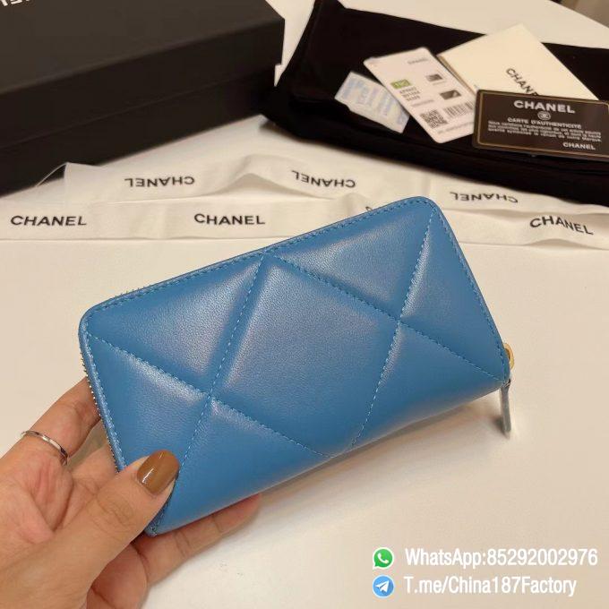 187 Factory Middle Chanel 19 Zipped Wallet Blue Shiny Lambskin Gold Tone Metal 03