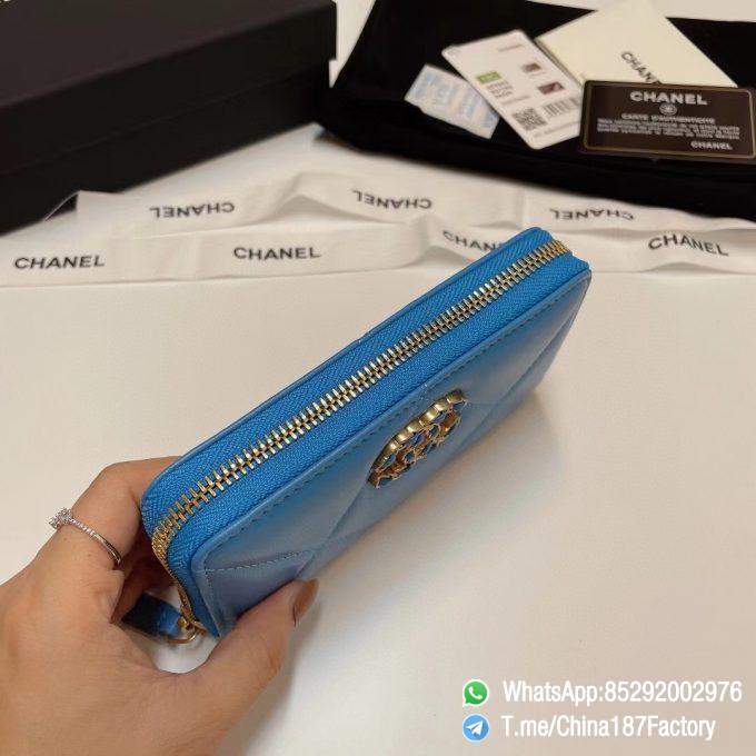 187 Factory Middle Chanel 19 Zipped Wallet Blue Shiny Lambskin Gold Tone Metal 04