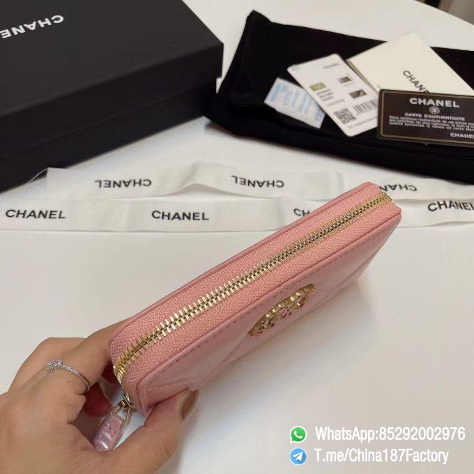 187 Factory Middle Chanel 19 Zipped Wallet Pink Shiny Lambskin Gold Tone Metal 05