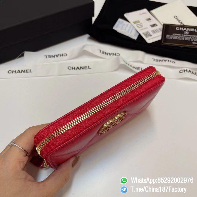 187 Factory Middle Chanel 19 Zipped Wallet Red Shiny Lambskin Gold Tone Metal 05